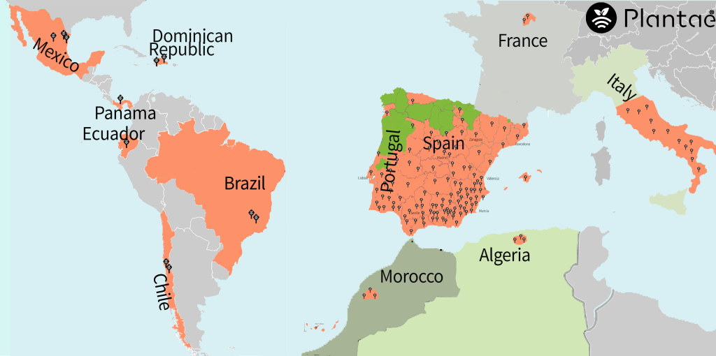 Mapa de los 12 países con sensores-sondas agrícolas Plantae
