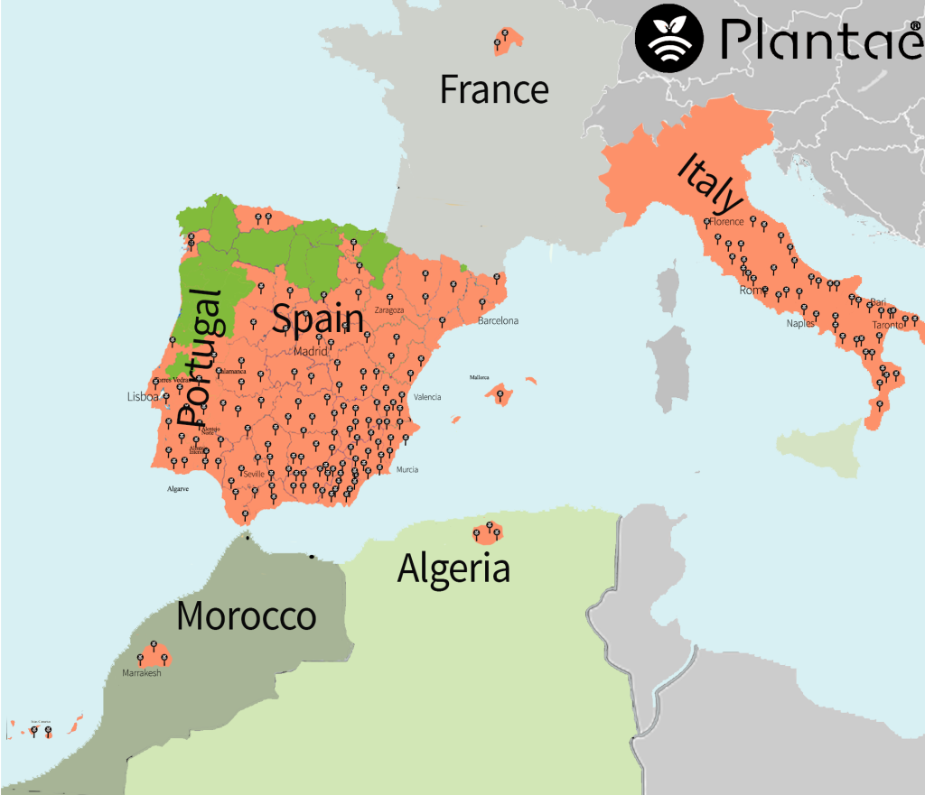 Mapa de sensores-sondas agrícolas Plantae en Europa y África